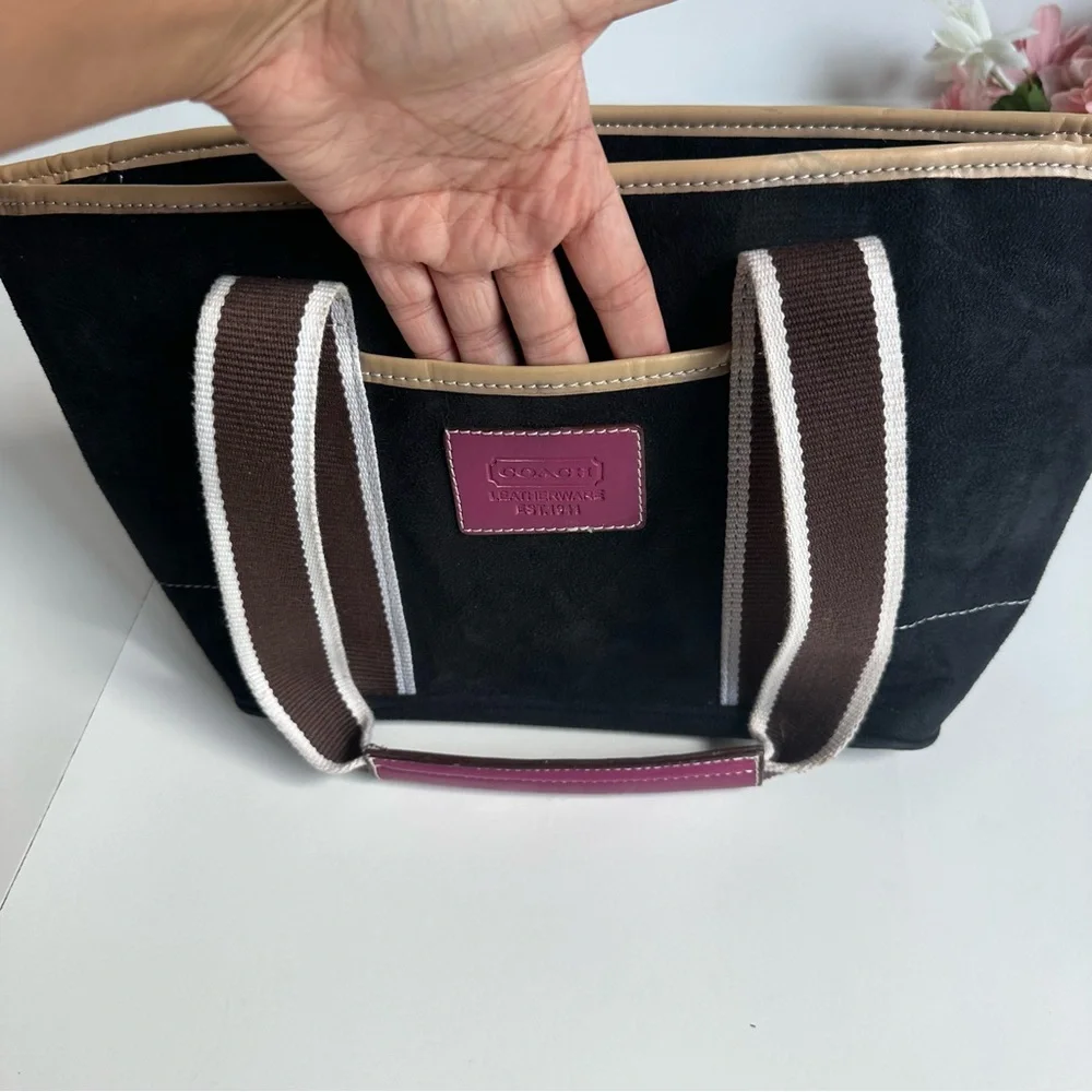 Vintage Coach Leatherware Hampton Mini Black Suede Tan Leather Shoulder Bag - Picture 6 of 16